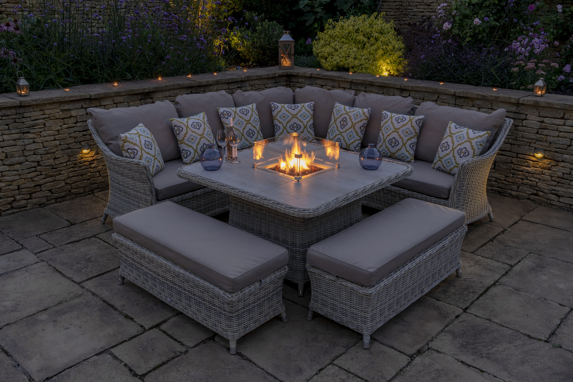 Bramblecrest Ascot Square Dining Set, Garden Table And Chairs With Fire Pit