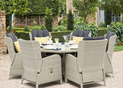Bramblecrest Chedworth 6-Seat Round Exclusive 150cm Dining Set with Lazy Susan, Parasol & Base - Dove Grey