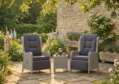 Chedworth Dove Grey Rattan Deluxe Recliner Set with Integrated Footstools & Side Table