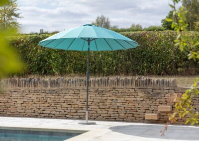 Bramblecrest Shanghai parasol teal, 2.7m aluminium parasol teal, Shanghai aluminium garden parasol teal, Bramblecrest 2.7m teal umbrella, teal aluminium outdoor parasol