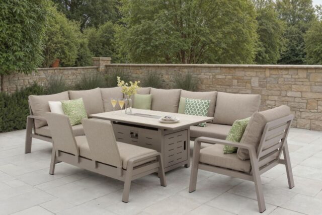 Bramblecrest Prague L Shape Sofa with Rectangle Firepit Table, Bench & chair -Latte
