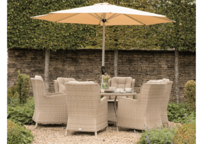 Bramblecrest Chedworth 6-Seat Round 150cm Exclusive Dining Set with Lazy Susan, Parasol & Base - Sandstone