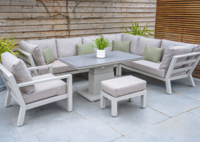 LIFE Outdoor Living Timber High Arm Soltex Corner Sofa Set – Beige Cushions & Taupe Frame