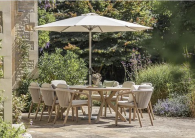 Monaco 240 x 110cm Boat Shaped Table with 8 Armchairs, Parasol & Base